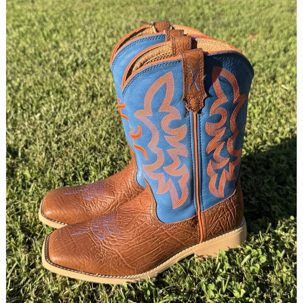 Twisted X Kids Boots Size 5 Brown Blue Leather Western Cowboy Square Toe YHY0001